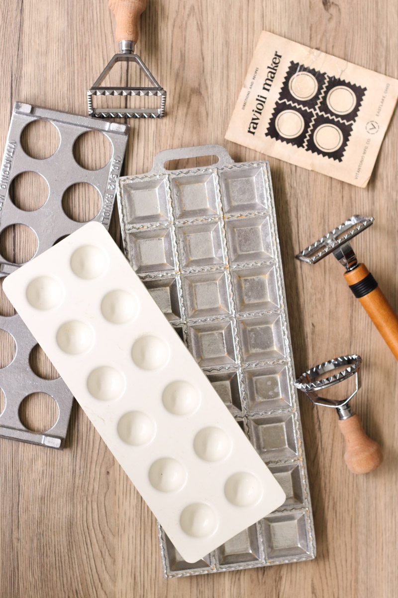 close up image of different ravioli making tools.