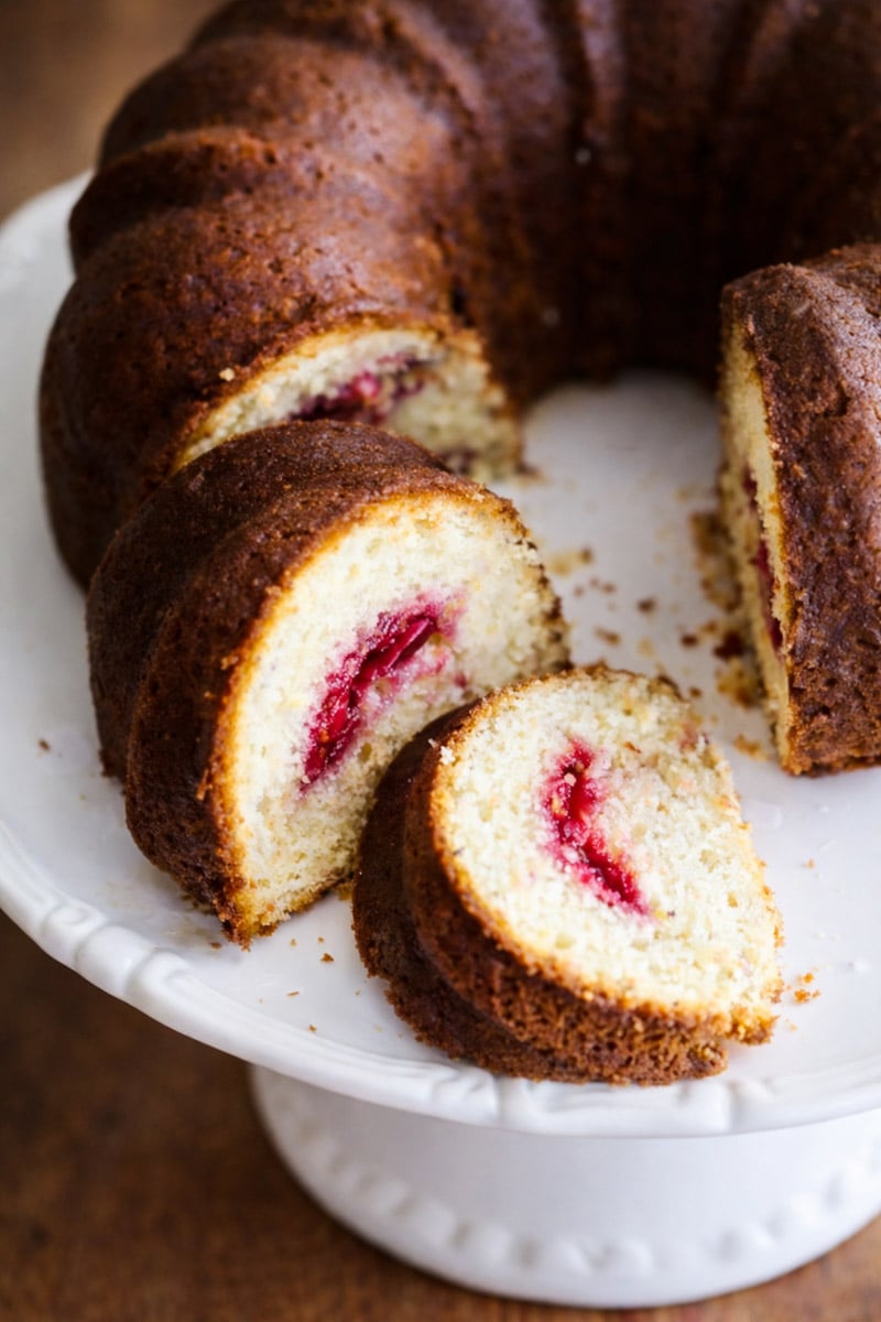 A sliced Lemon Cranberry Cake with a swirl of red fruit filling inside, displayed on a white cake stand with a decorative edge.