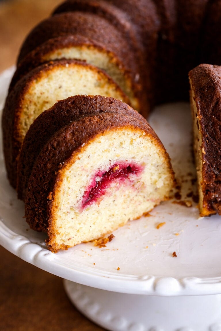 A sliced Lemon Cranberry Cake sits on a white cake stand, revealing a layer of red fruit filling inside the moist yellow cake. Crumbs are scattered on the stand next to the cake.