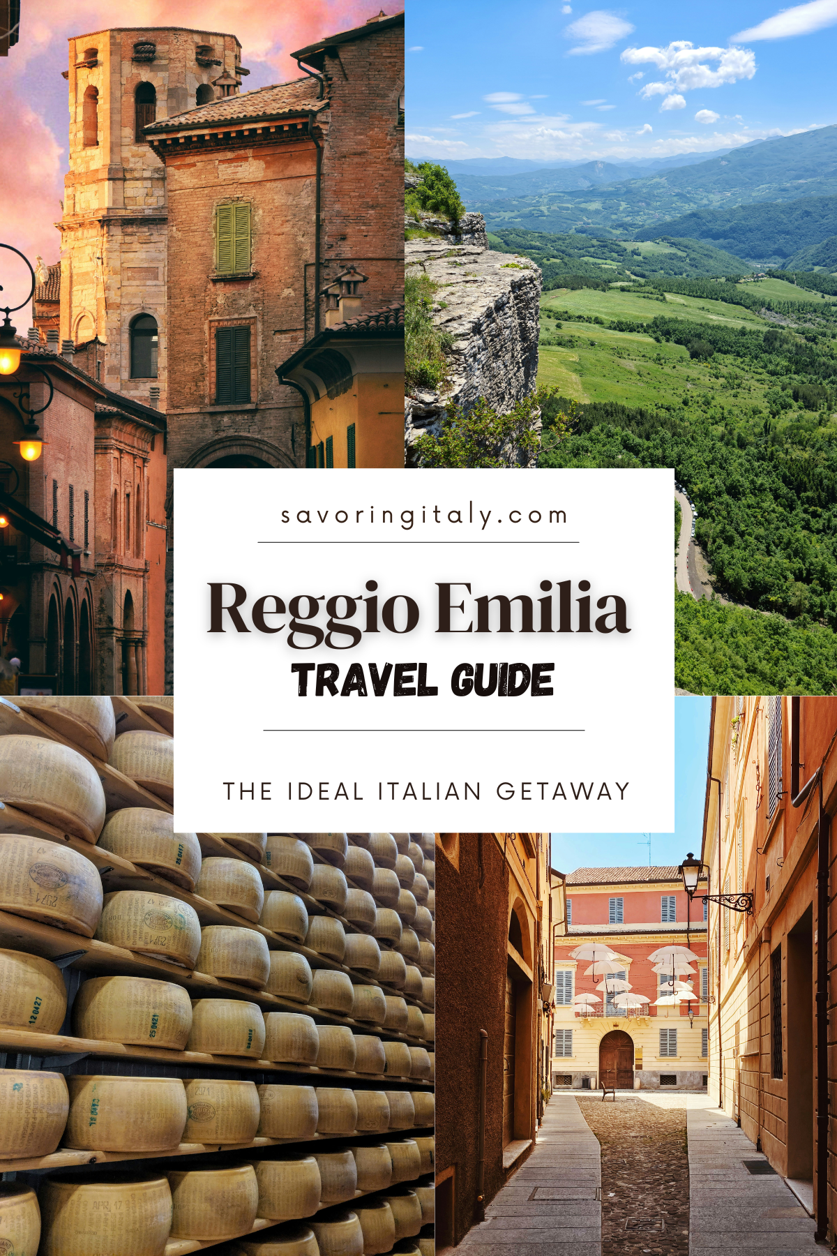 The main cover photo for a Reggio Emilia Travel guide features a collage of four images that beautifully capture the essence of Reggio Emilia, Italy. The images include a scenic cityscape of historic architecture, a panoramic view of the lush countryside, and mouth-watering close-ups of the region's famous cheeses. This cover is a vibrant introduction to the cultural richness, stunning landscapes, and culinary delights that Reggio Emilia, Italy, offers travelers. Perfect for anyone looking to explore the heart of Italian tradition and flavor.