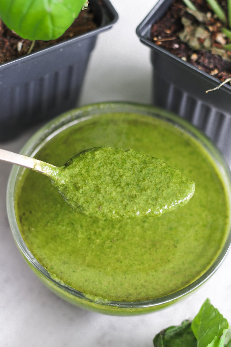 close up image of pesto on a spoon.