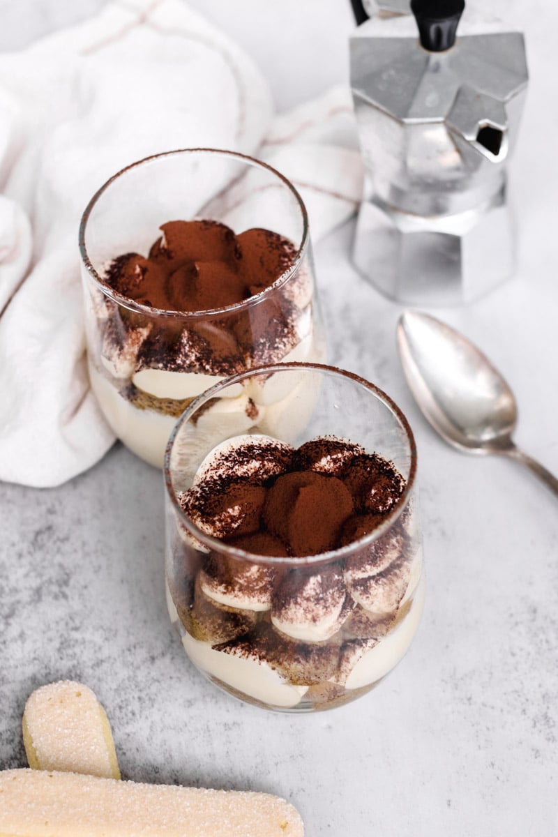 overhead of authentic Italian tiramisu recipe in glasses.