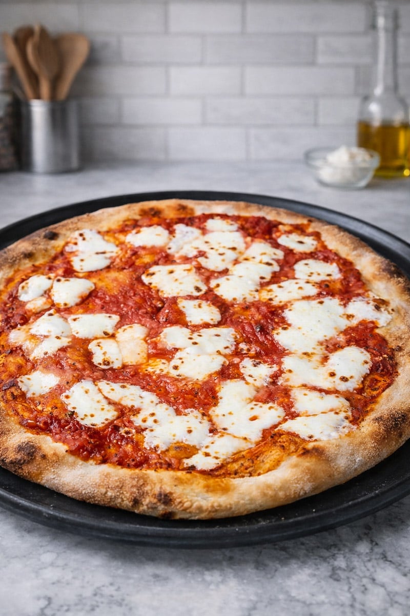 A freshly baked Sourdough Pizza Margherita with a thick, bubbly crust, topped with melted mozzarella cheese and tomato sauce, sits on a round baking tray on a marble countertop. Kitchen utensils and olive oil are in the background.