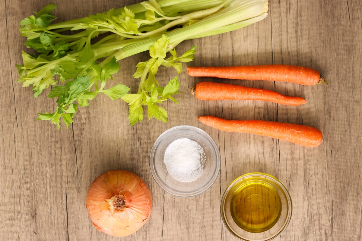 overhead image of ingredients to make soffritto.