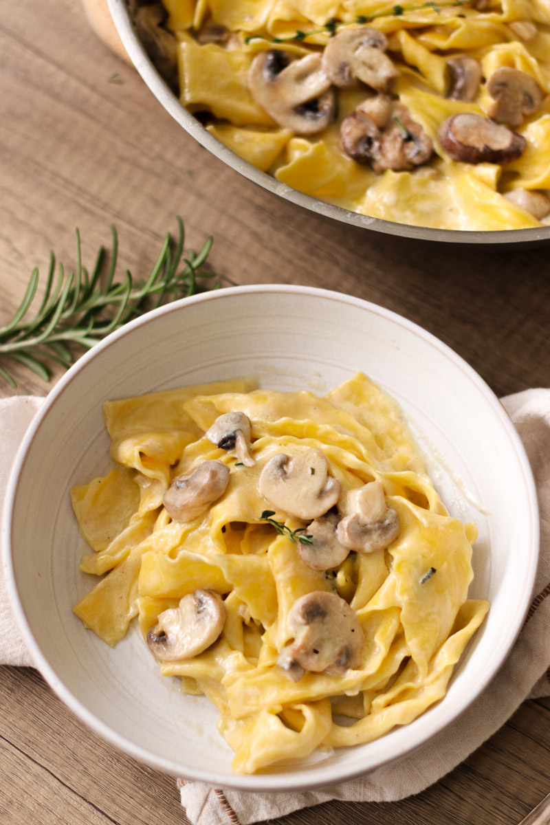 close up image of mushroom pasta in a bowl. 