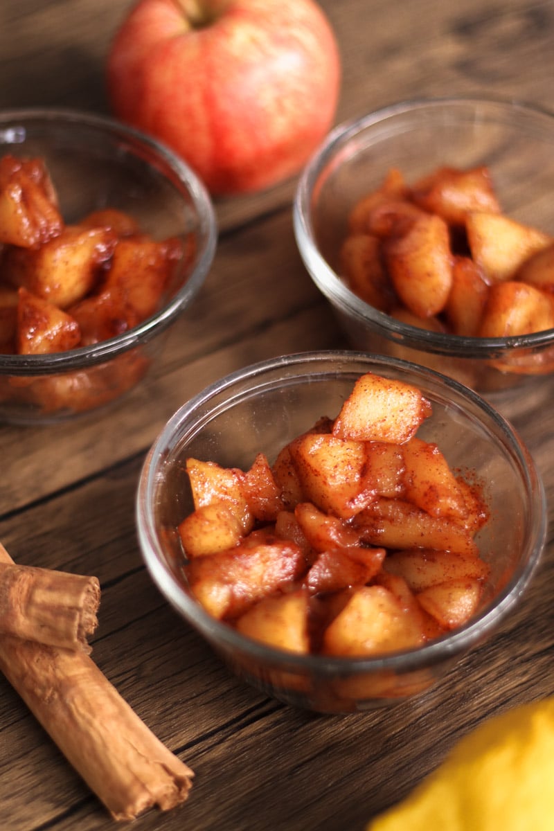 close up image of eating apple compote.