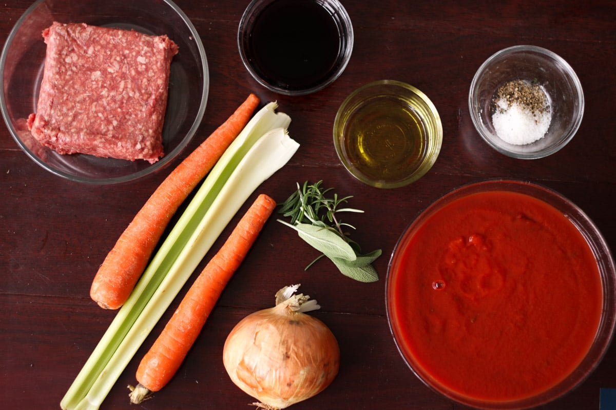 close up image of Bolognese sauce ingredients.
