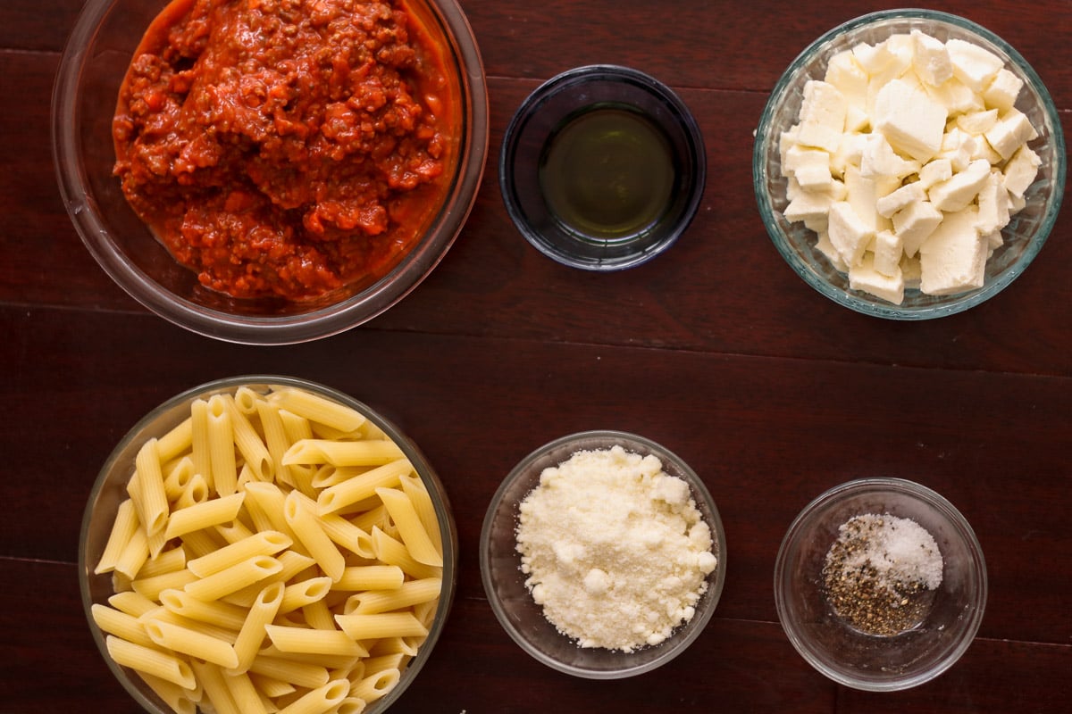 overhead image of Ingredients of pasta al forno.