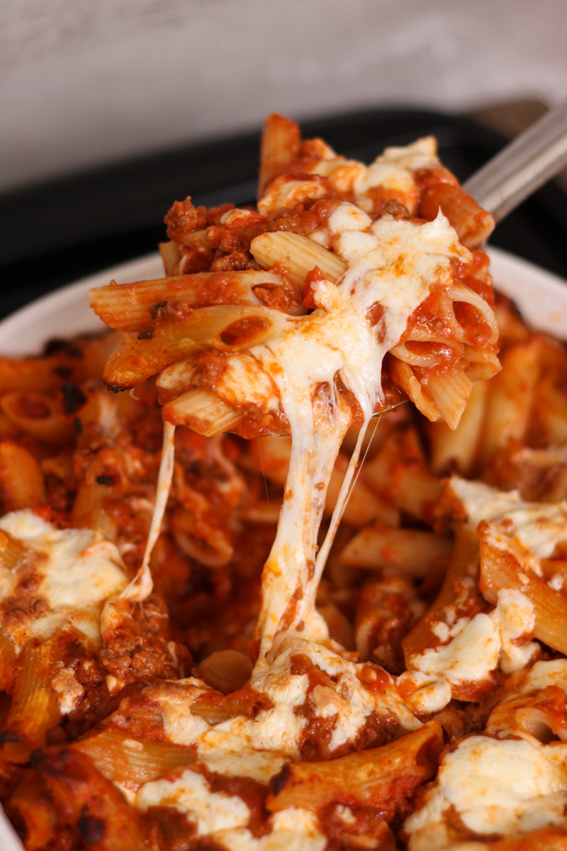 close up image of Italian pasta bake recipe.