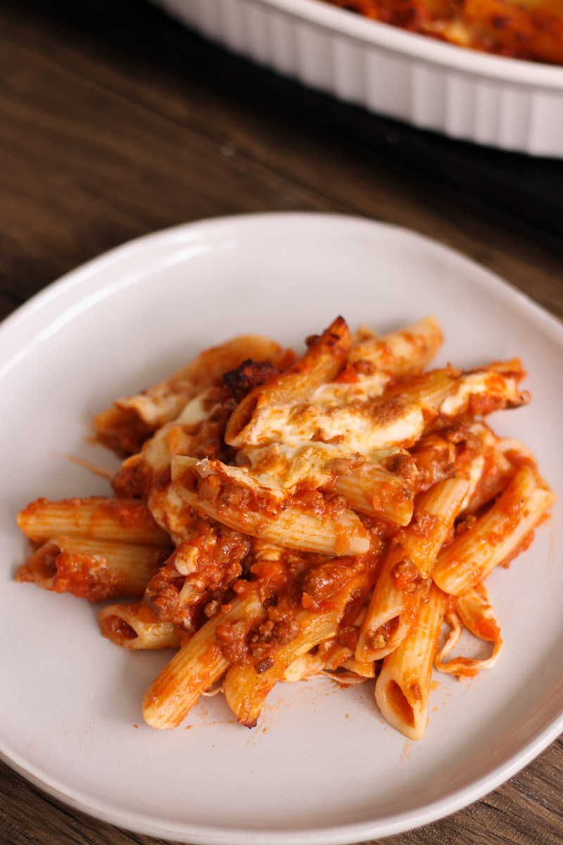 Italian pasta bake recipe overhead image.