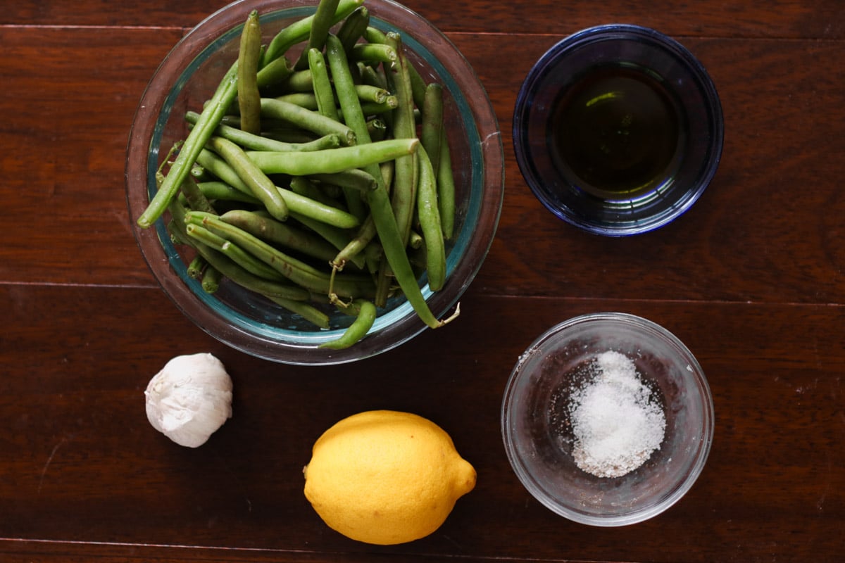 close up image of Sauteed greens beans ingredients.