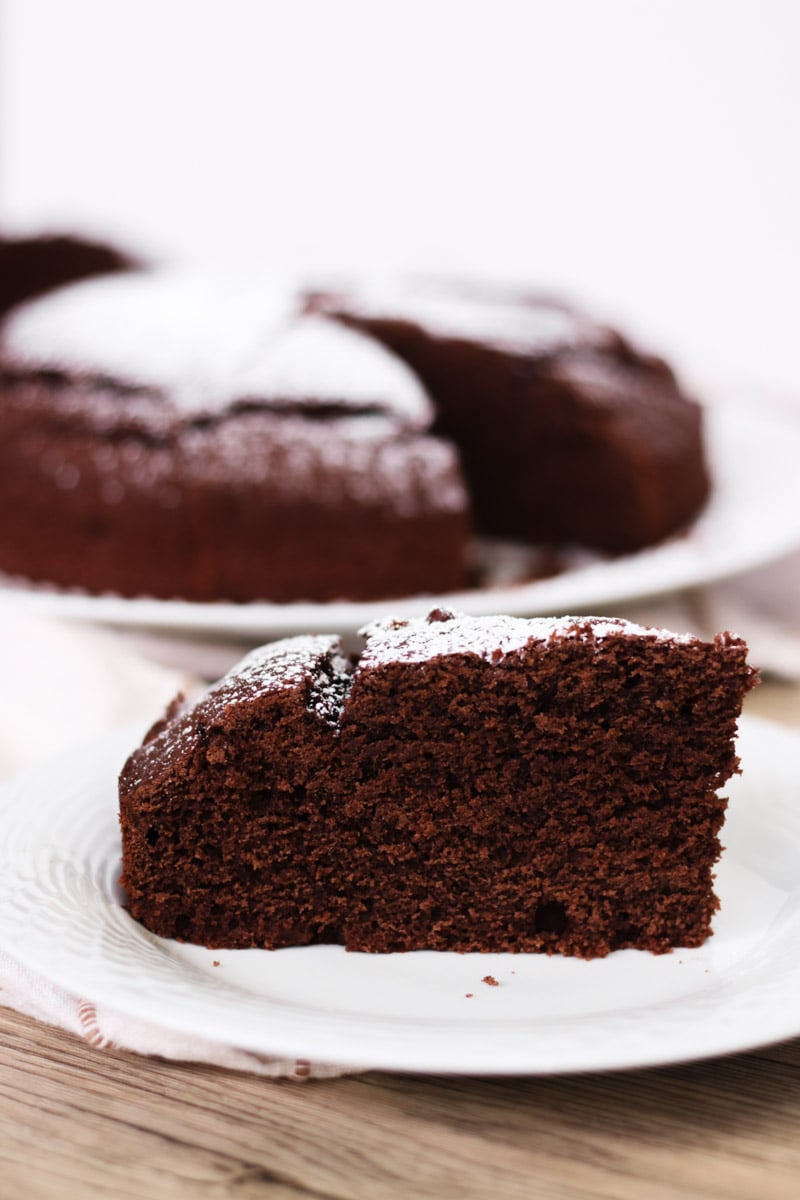 close up image of chocolate cake on a white plate.