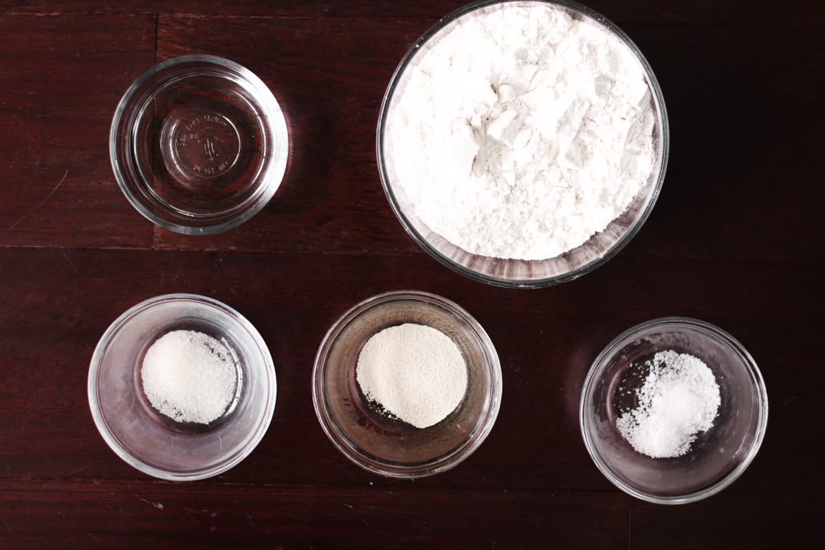 overhead image of ingredients of Italian ciabatta bread.