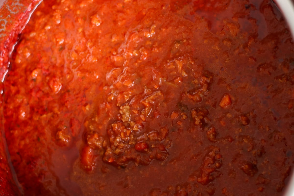 close up image of Bolognese sauce recipe.