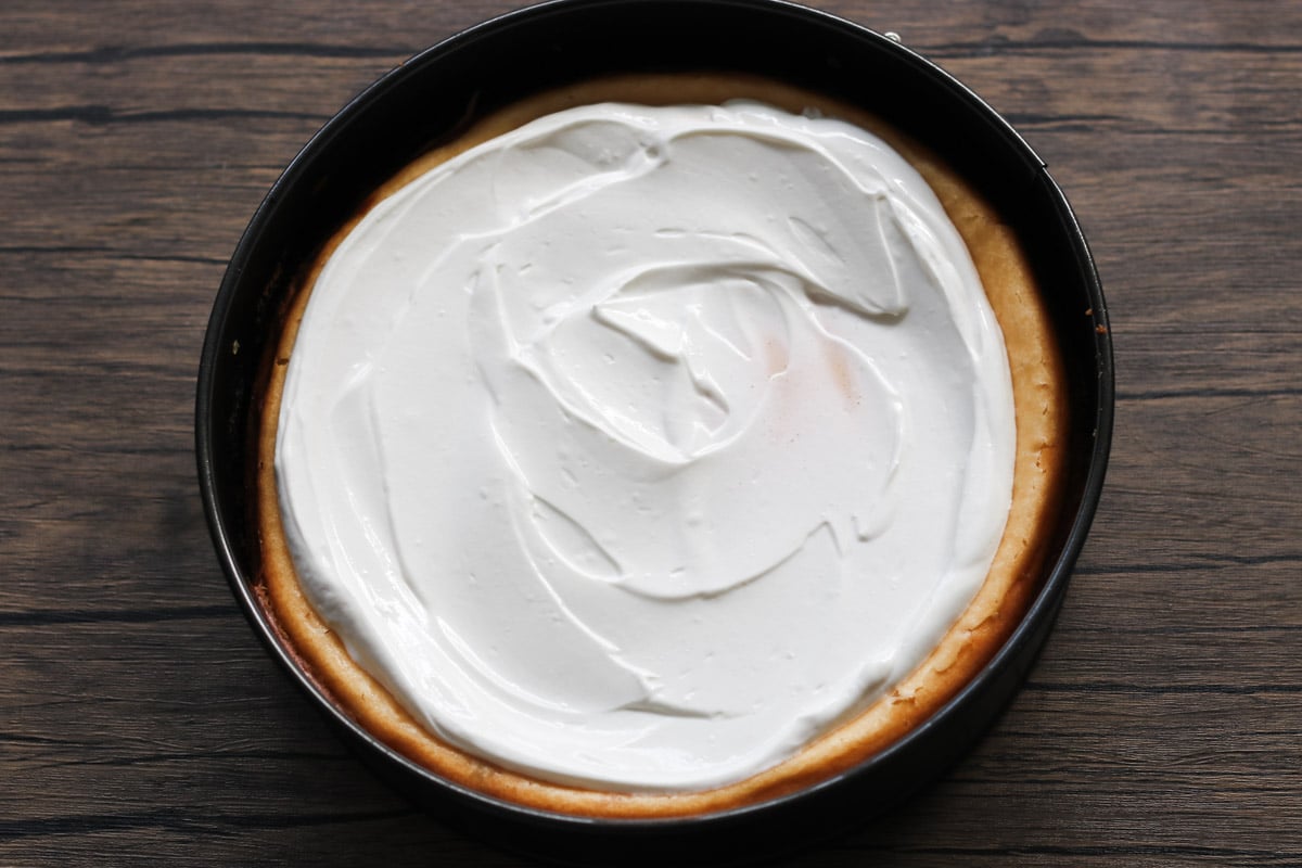 overhead image of making cheesecake in a pan.