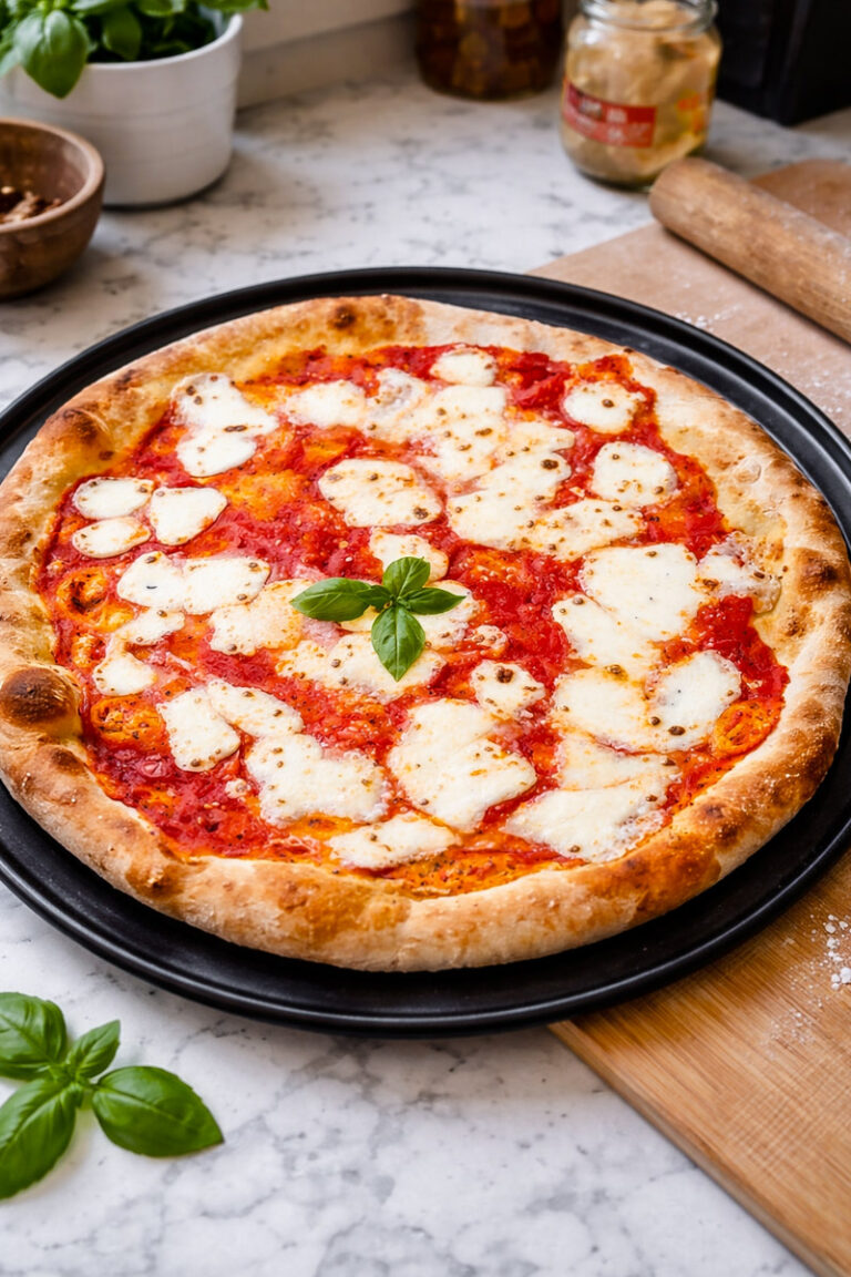 An easy homemade pizza, this freshly baked margherita features melted mozzarella, tomato sauce, and basil atop a black tray on a marble countertop. A sprig of basil centers the pie among kitchen tools and ingredients.