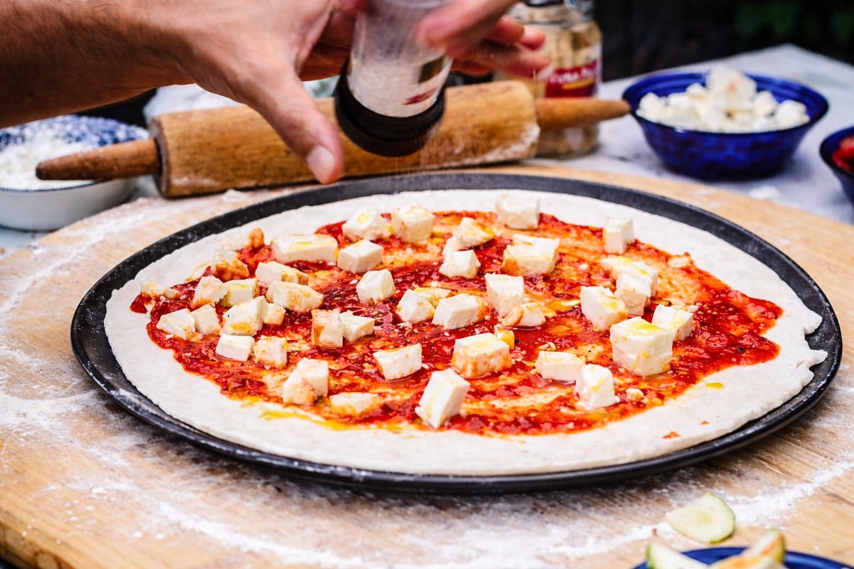 A hand sprinkles seasoning onto an easy homemade pizza topped with tomato sauce and cubes of cheese on a round baking tray, with a rolling pin and fresh ingredients in the background.