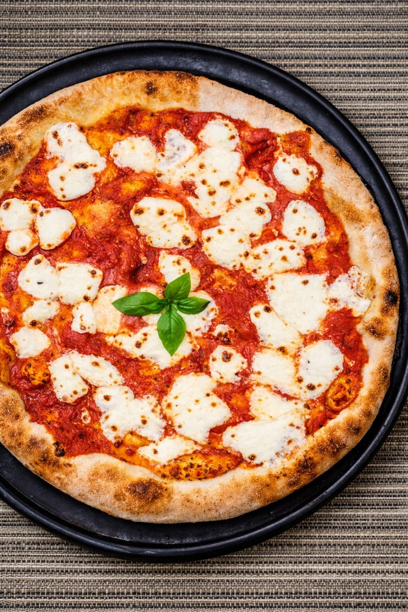 An Easy Homemade Pizza, this Margherita features melted mozzarella cheese, tomato sauce, and fresh basil leaves, served on a black round tray atop a striped woven tablecloth.
