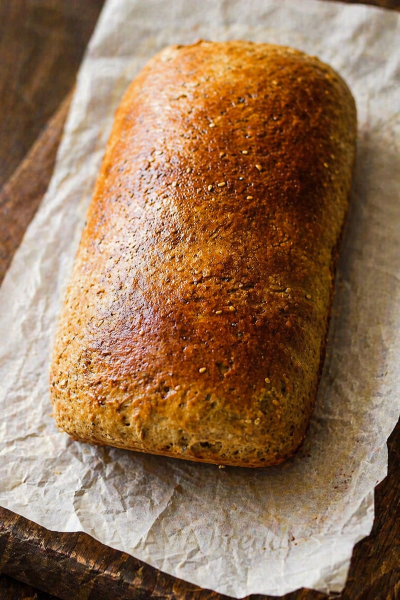 A golden-brown loaf of Anadama Bread rests on a crumpled sheet of parchment paper atop a wooden surface. The bread has a glossy, slightly textured crust.