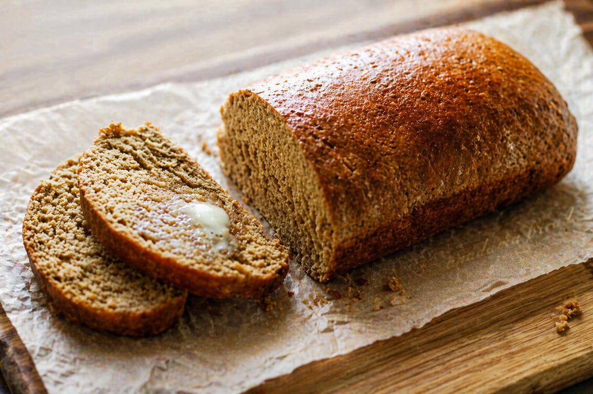 A loaf of Anadama Bread sits on parchment paper, with two slices cut. One slice has a pat of melted butter. The bread’s golden-brown crust and soft, dense texture are set against a rustic wooden surface.