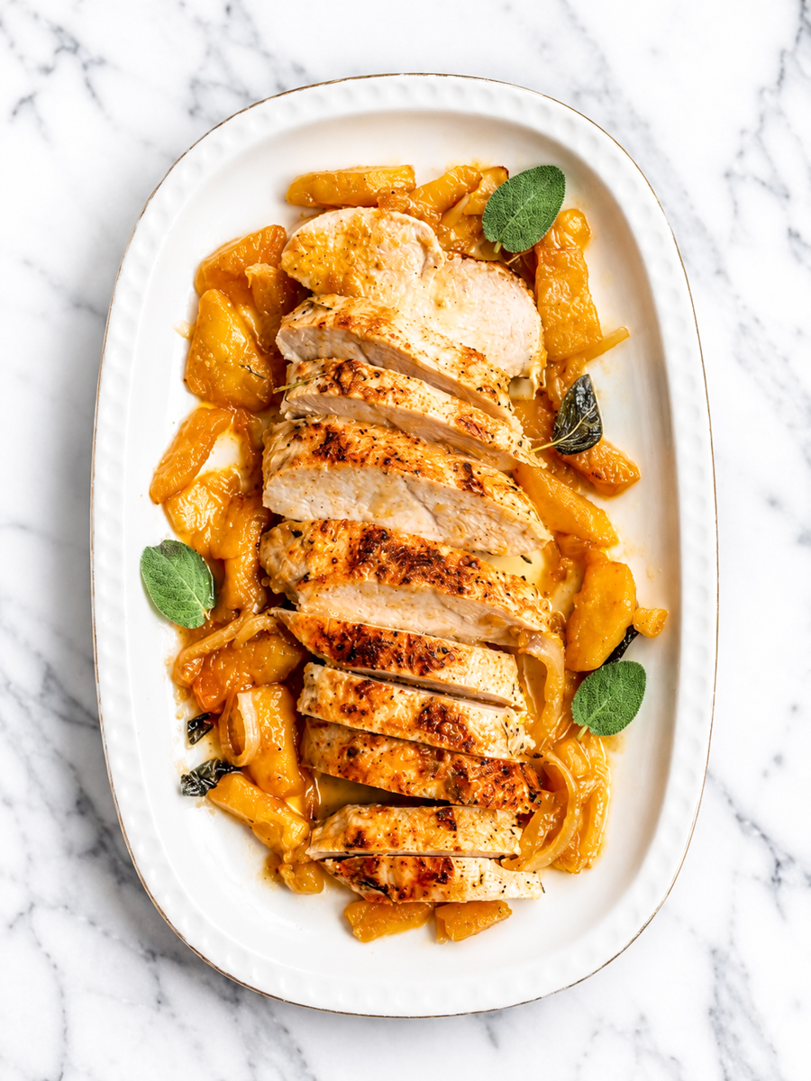 Sliced roasted chicken breast arranged on a white oval platter, surrounded by cooked golden peaches and garnished with fresh sage leaves-much like a classic baked turkey tenderloin presentation-set on a marble surface.