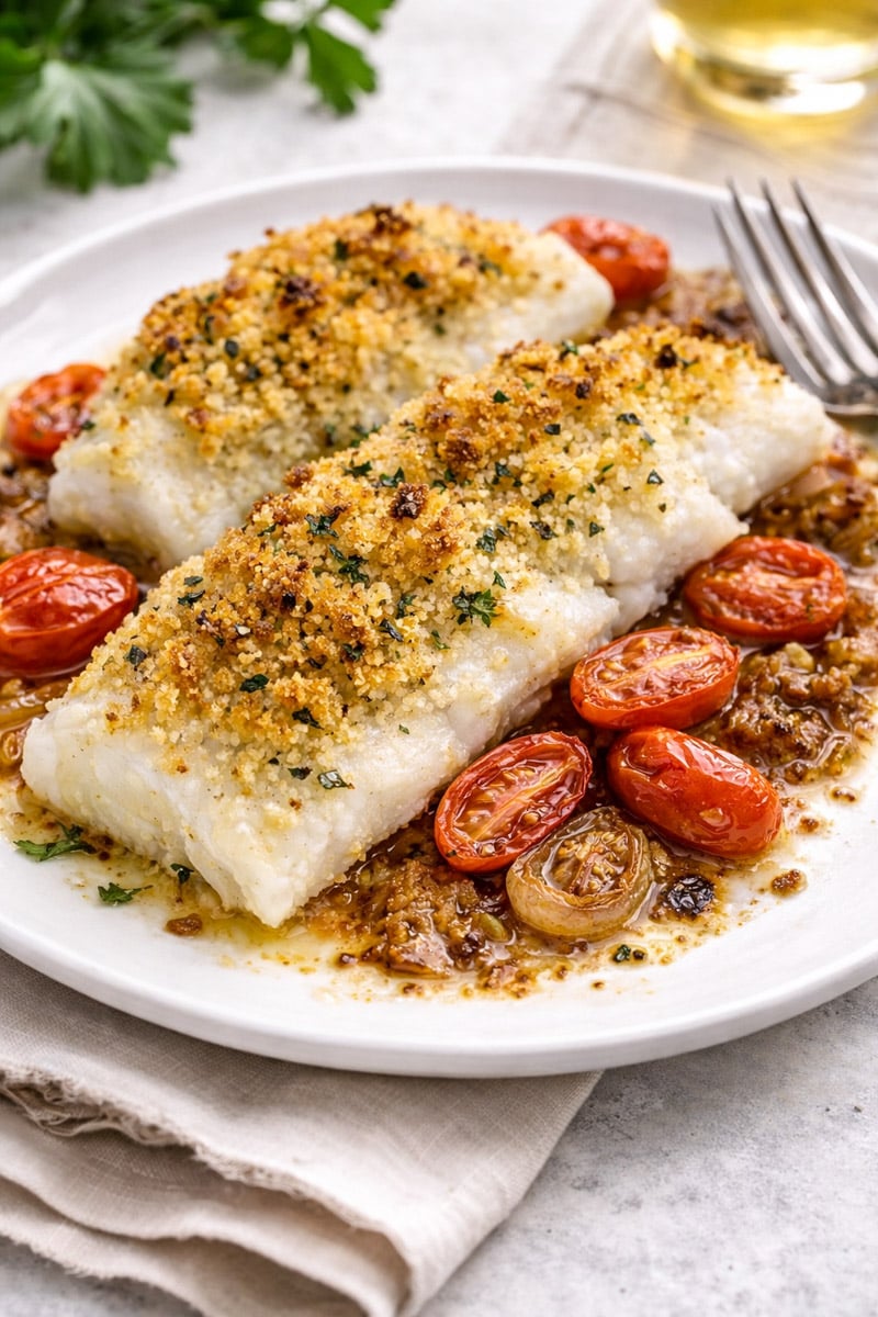 Two pieces of baked cod, topped with golden, crispy breadcrumbs, are served on a white plate with roasted cherry tomatoes and a savory brown sauce. A fork rests beside the food, while parsley adds a fresh touch in the background.