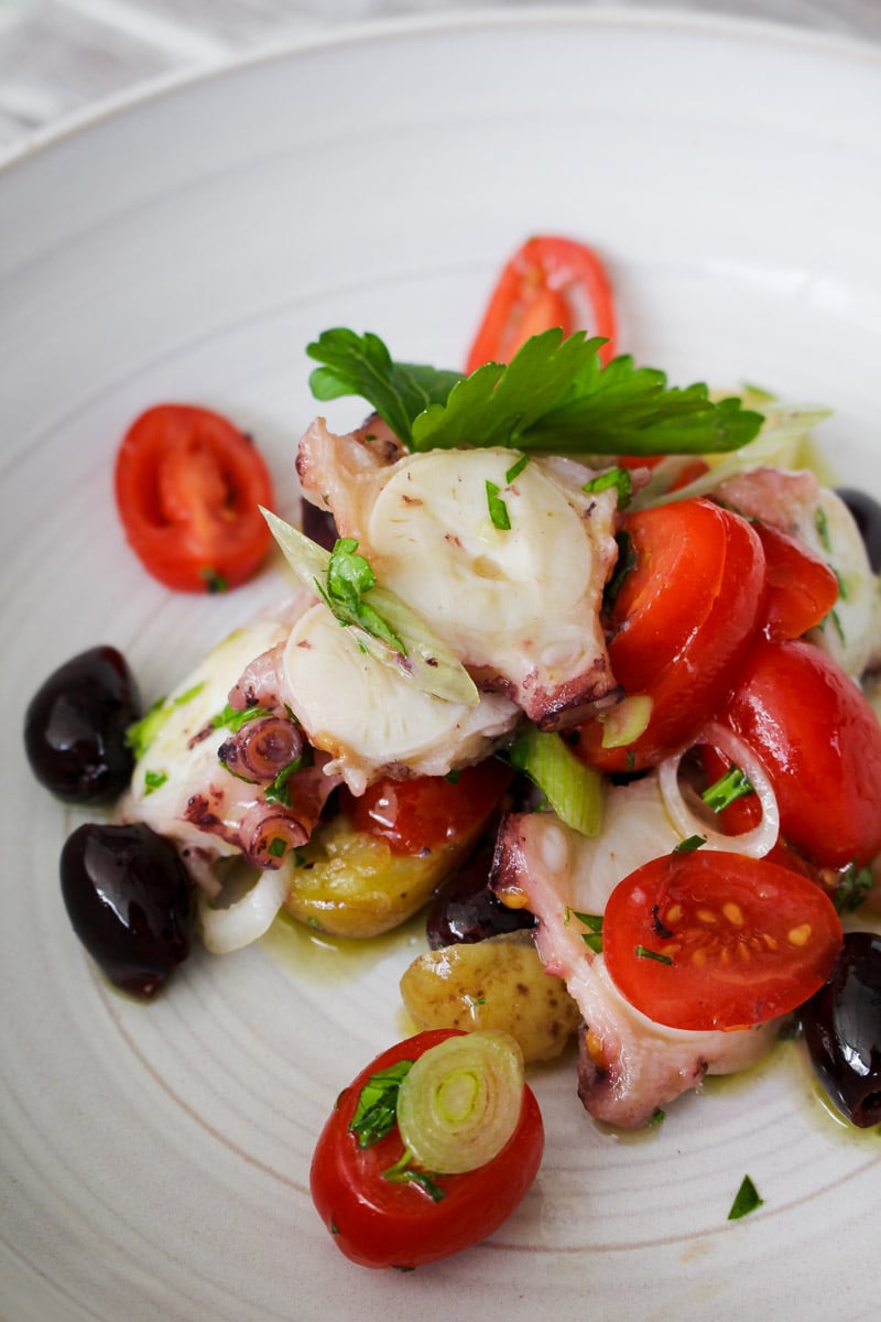 close up image of grilled octopus salad on a white plate.