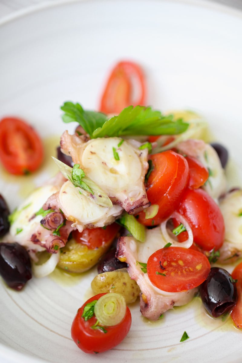 close up image of octopus salad on a white plate.