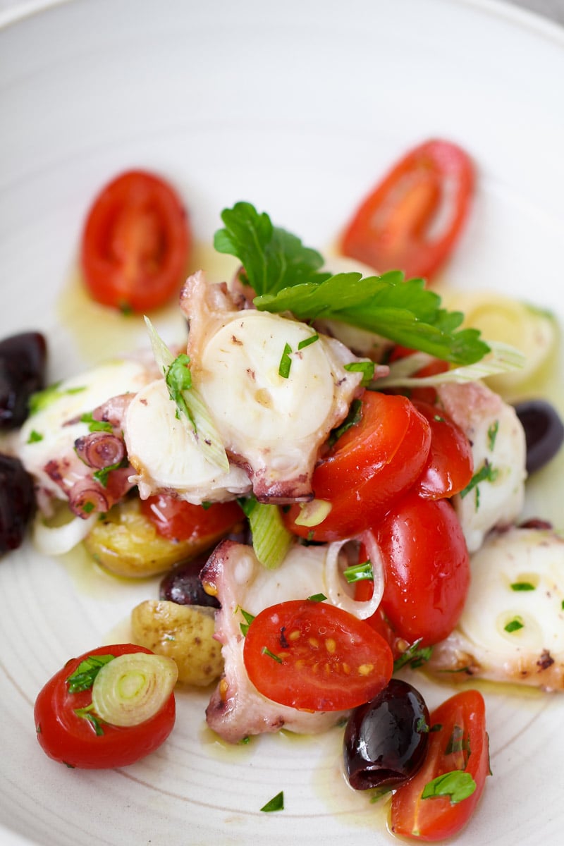 close up image of octopus salad on a white plate.
