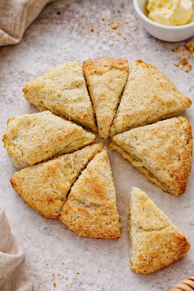 A round batch of golden-brown scones, made from a classic Scottish Scones recipe, is cut into eight triangular pieces on a lightly floured surface, with a bowl of butter in the background.