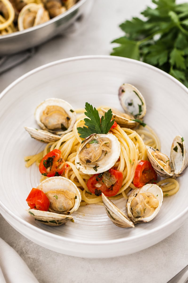 A white plate of linguine alle vongole is topped with clams, cherry tomatoes, fresh parsley, and olive oil, garnished with parsley, with a bunch of parsley in the background.