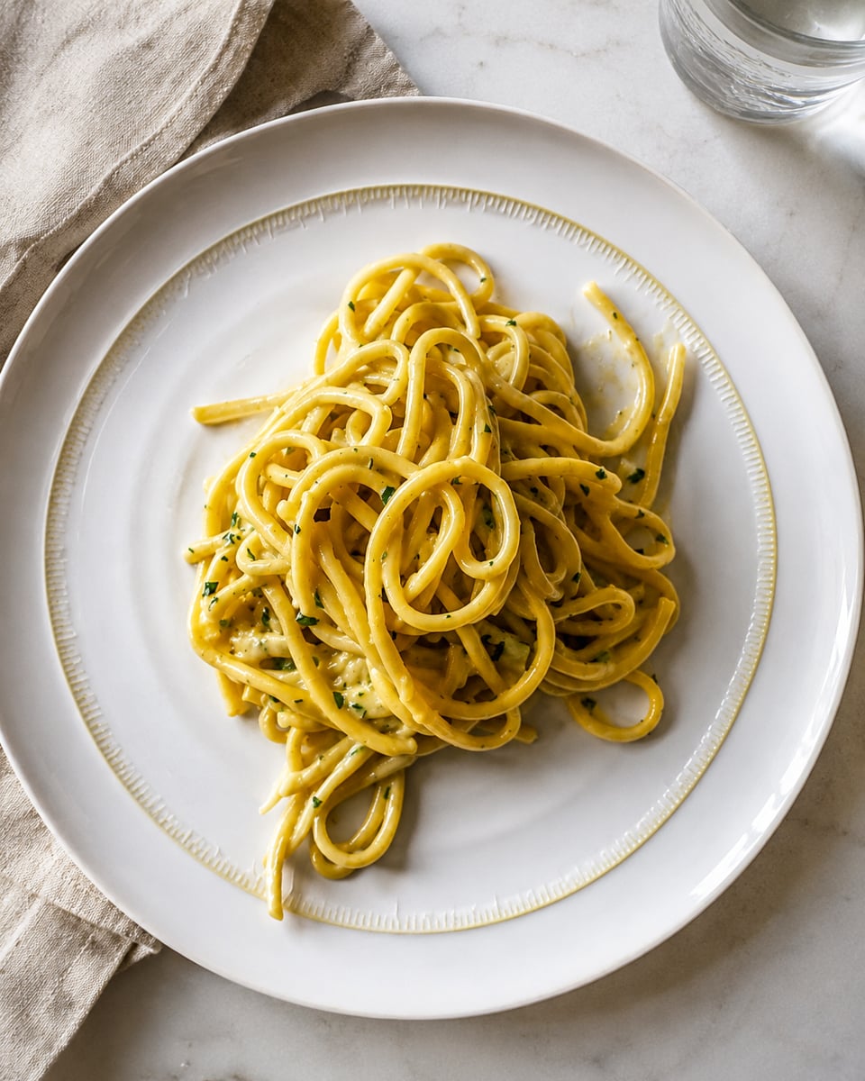A plate of creamy Bucatini alla Carbonara garnished with herbs is served on a white dish, placed on a light marble surface next to a beige cloth napkin and a glass of water.