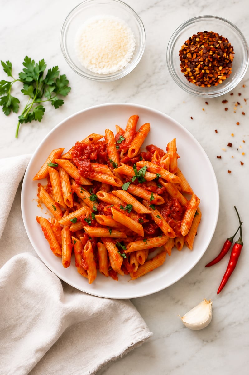 A plate of penne arrabbiata with tomato sauce and herbs is on a marble surface, surrounded by a small bowl of grated cheese, red pepper flakes, parsley, two red chilies, and a garlic clove.
