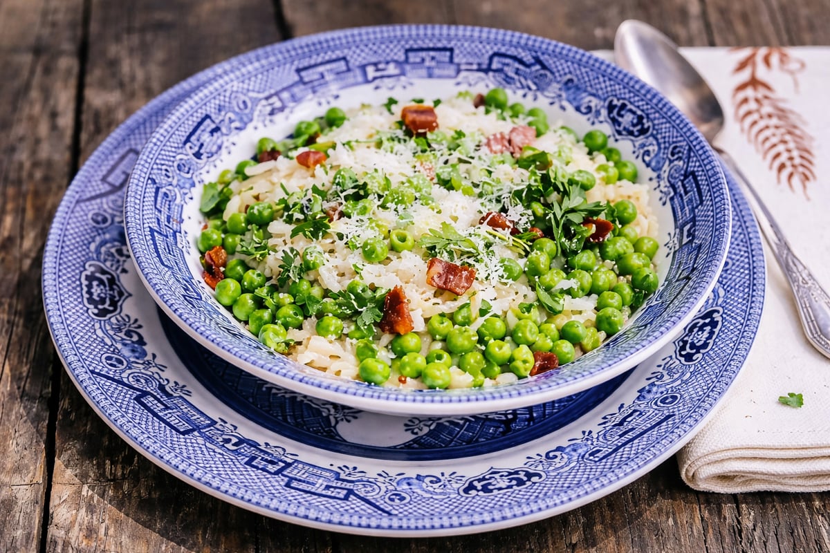A blue and white bowl filled with Risi e Bisi-Rice and Peas, bacon bits, and grated cheese, garnished with fresh herbs, sits on a matching plate on a rustic wooden table with a spoon and napkin nearby.