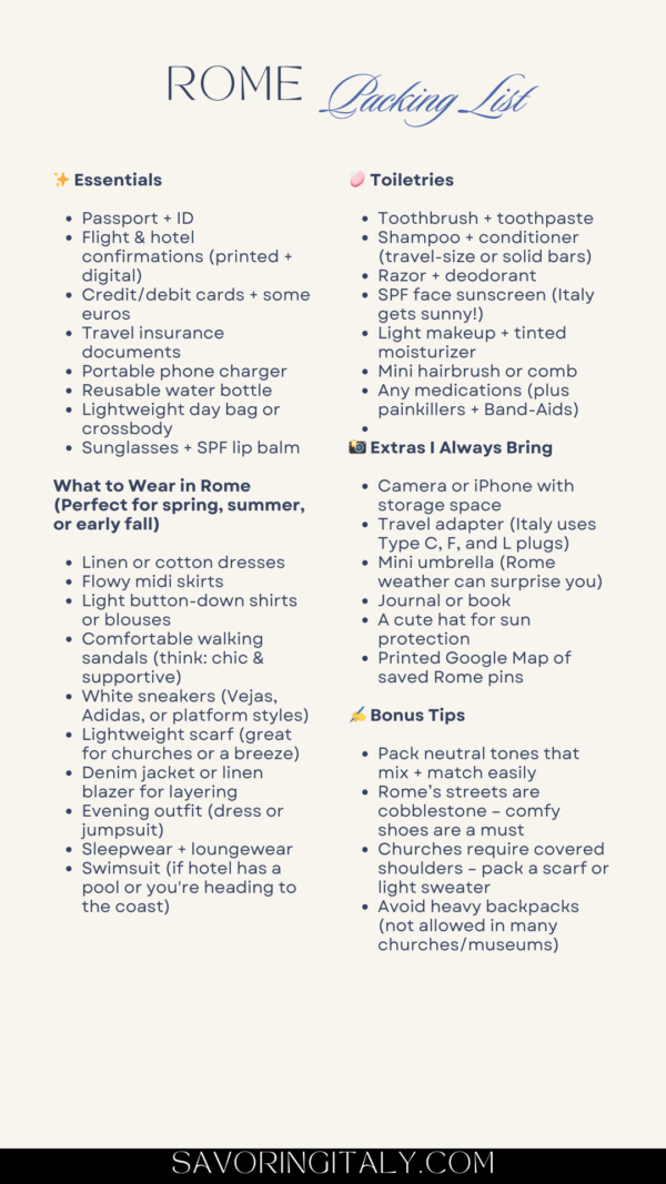 Sample Roma Checklists What to Wear in Rome (ULTIMATE 2025 PACKING GUIDE)