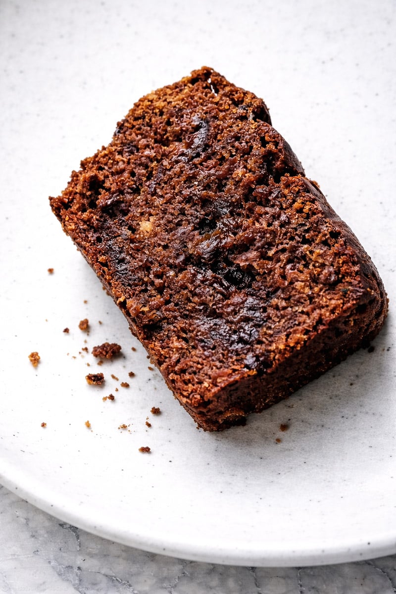 A close-up of a single slice of dark, moist Chocolate Date Bread with a few crumbs on a white plate.