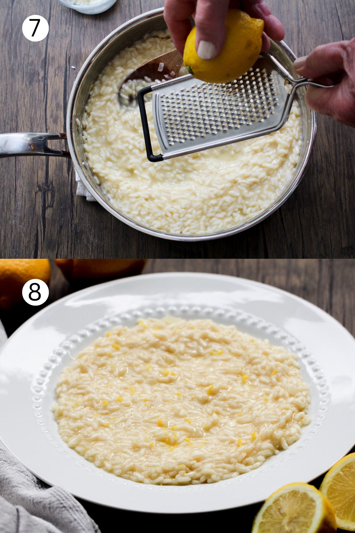 collage of step by step photos of making lemon risotto.