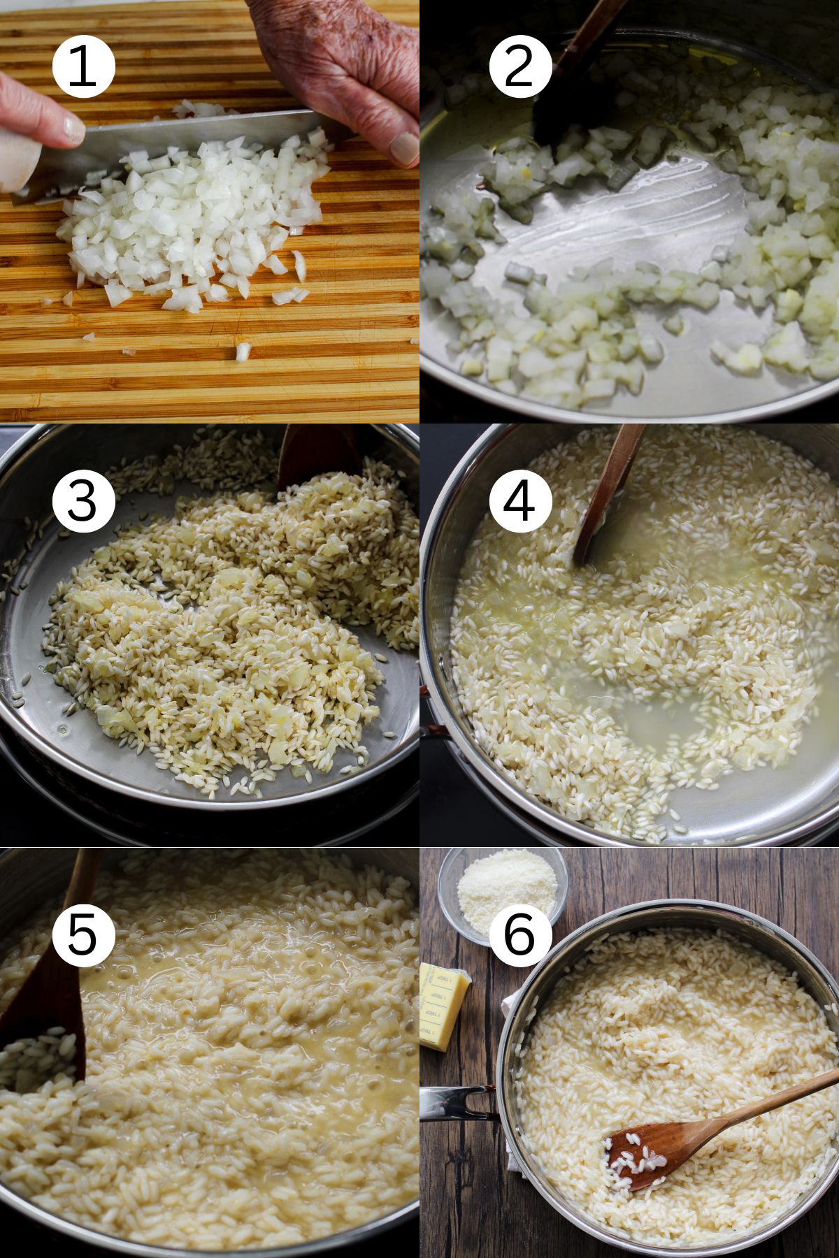 collage of step by step photos of making lemon risotto.