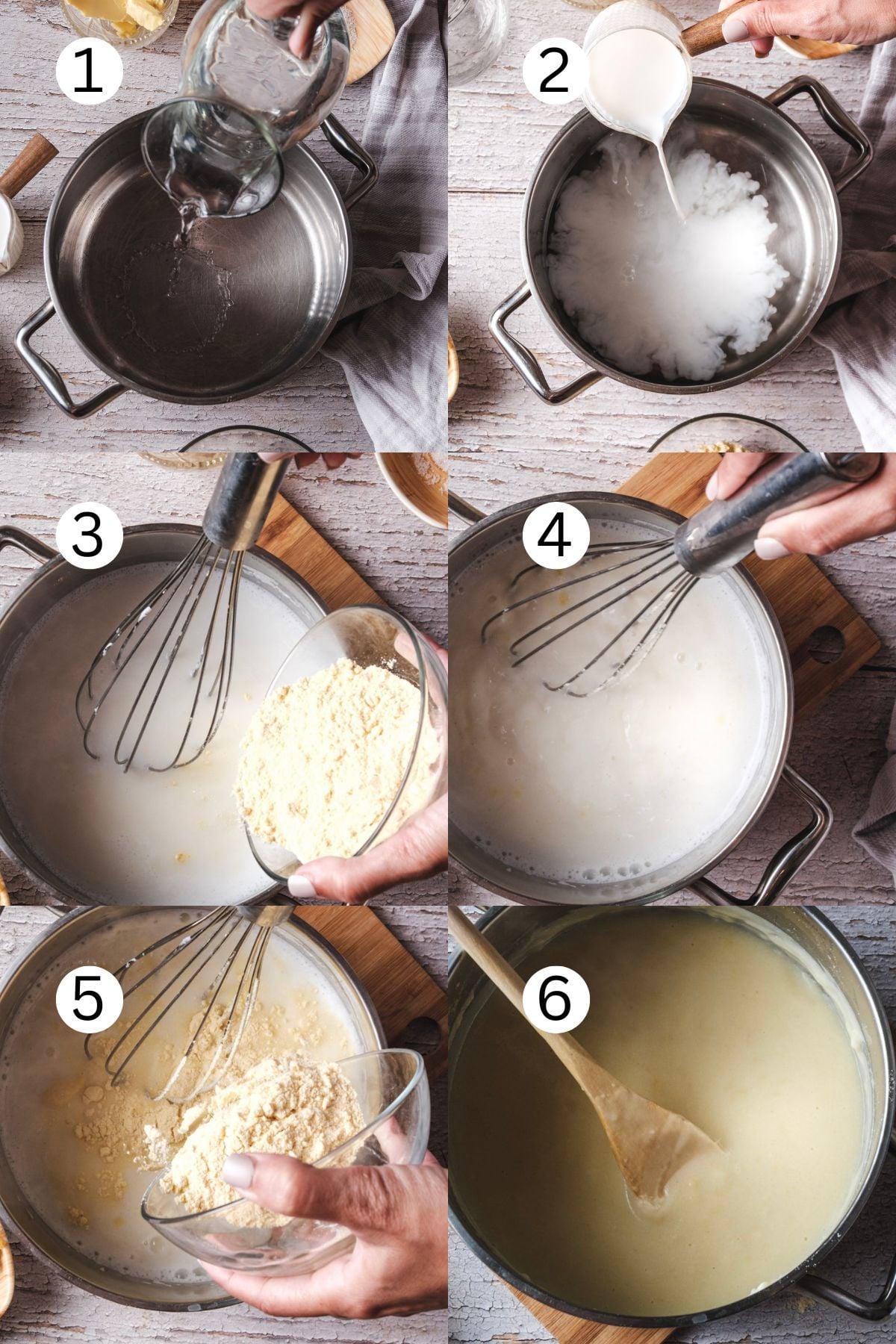 A step-by-step collage shows someone pouring water and milk into a pot, whisking, then gradually adding and mixing in flour, and finally stirring a thick, creamy mixture with a wooden spoon. Each step is numbered 1 to 6.