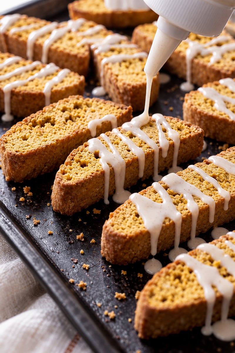 A hand drizzles white icing over rows of golden-brown, easy pumpkin spice biscotti arranged on a dark baking sheet. The biscotti are neatly lined up, and crumbs are scattered around them.