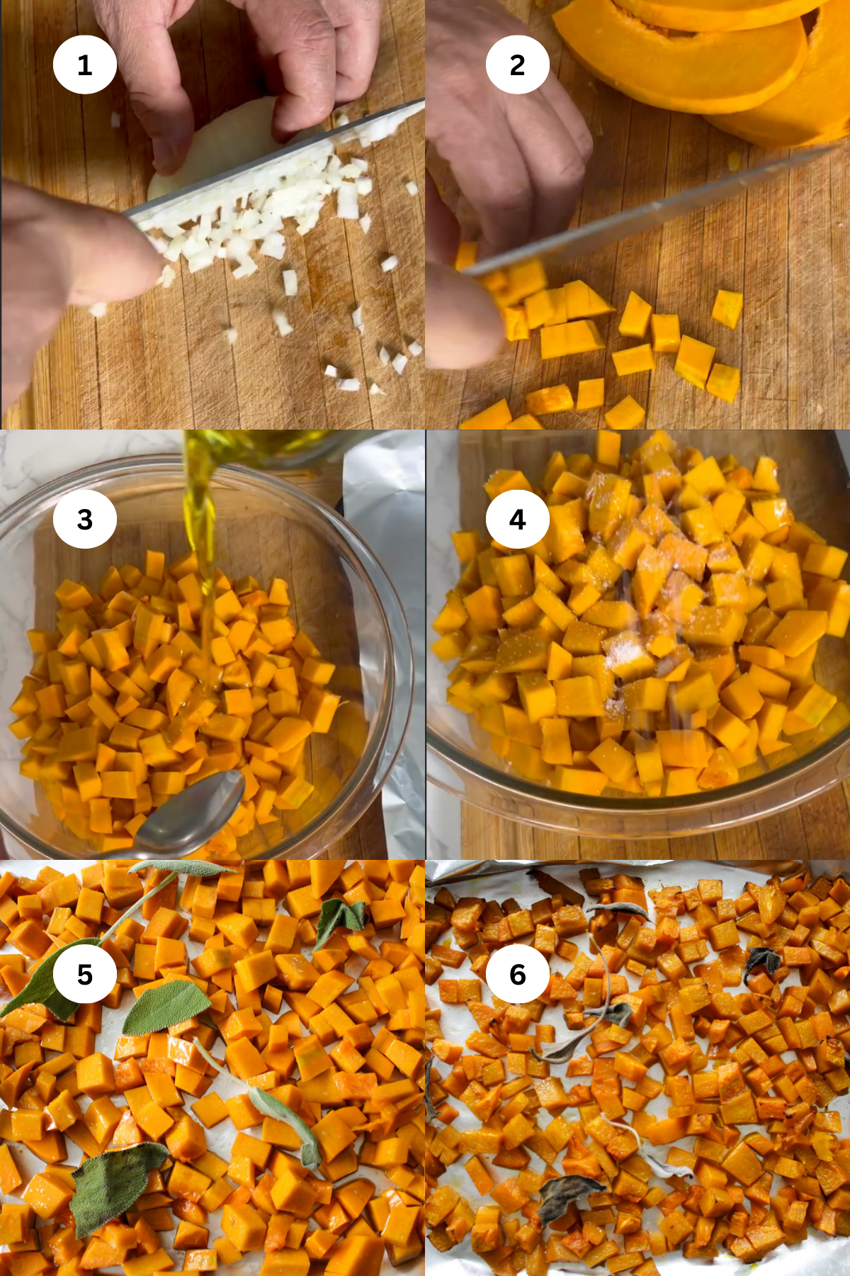 A six-step collage shows: 1) onion being diced, 2) butternut squash being cut, 3) diced squash in a bowl with olive oil, 4) sprinkled with spices, 5) tossed with fresh herbs, 6) roasted cubes on a baking sheet.