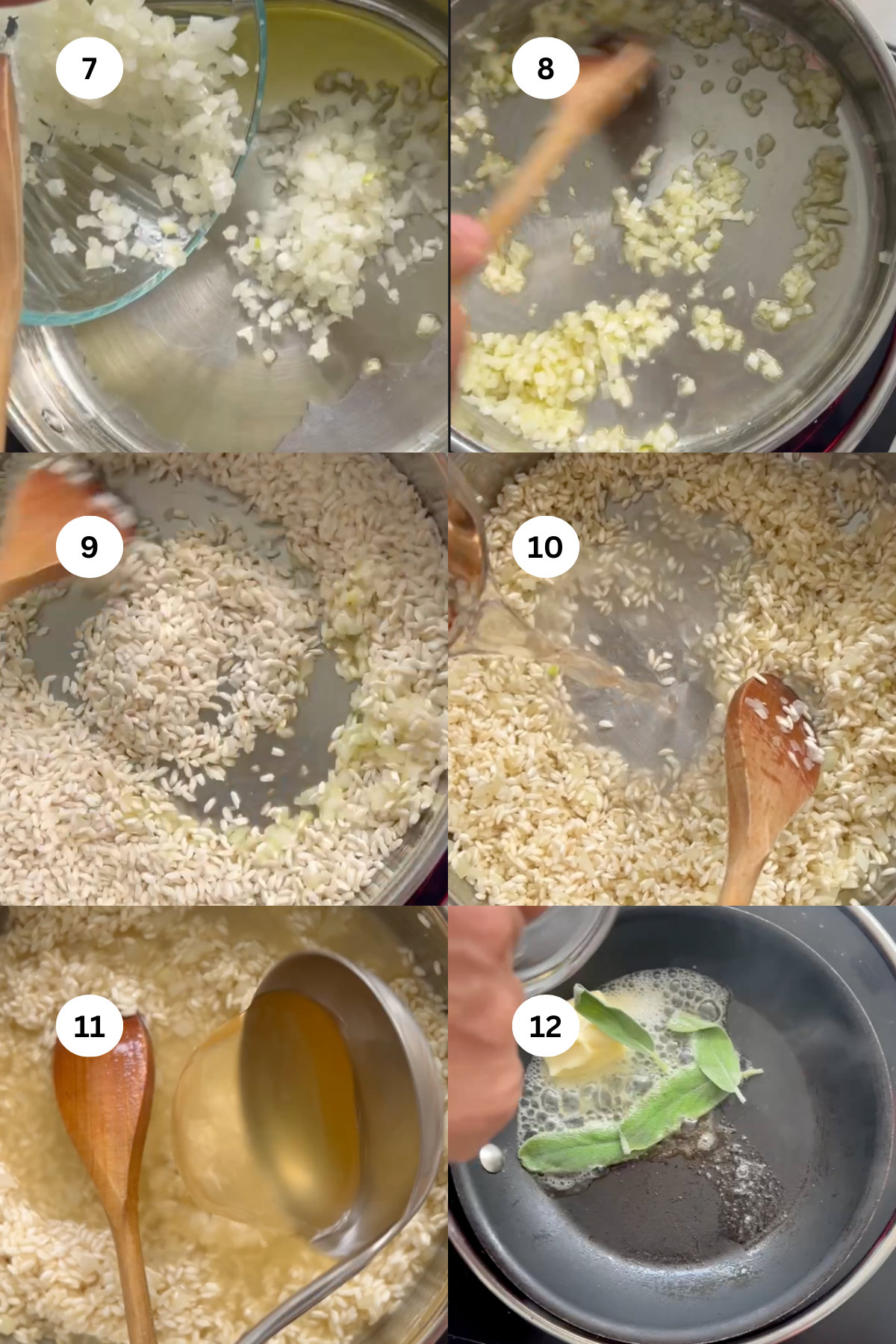 A step-by-step collage showing the process of making risotto: sautéing onions, adding rice, stirring, pouring in liquid, and frying sage leaves in butter. Each step is numbered from 7 to 12.