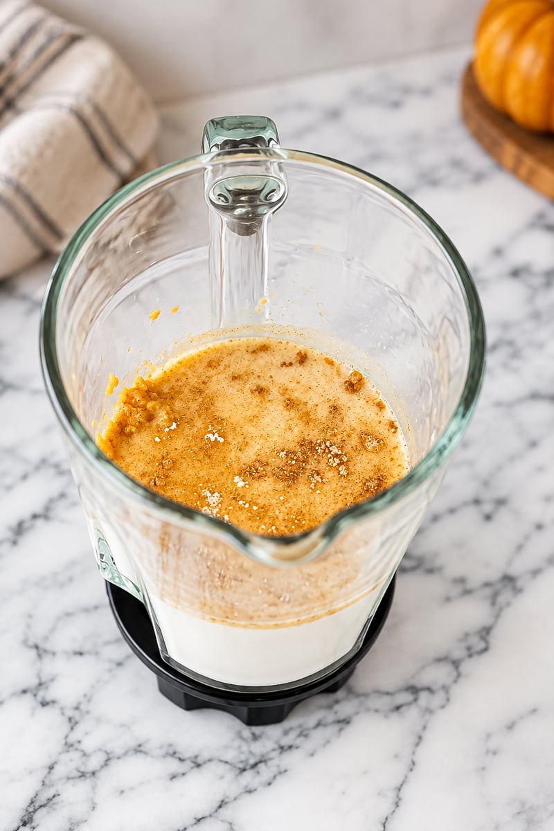 A glass blender jar on a marble counter contains milk, pumpkin puree, and spices, ready to be blended into a delicious pumpkin spice latte. A striped towel and pumpkin are in the background.