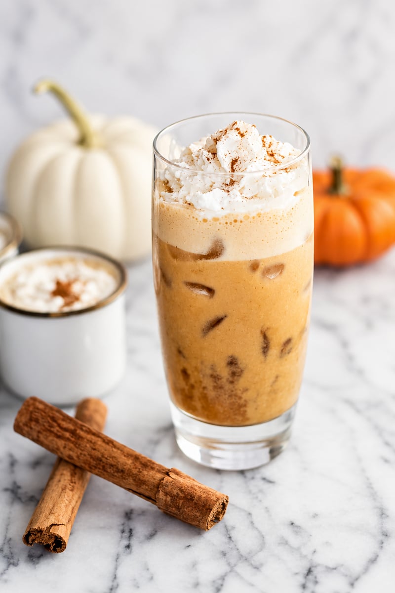 Iced pumpkin spice latte with whipped cream in a glass, topped with cinnamon. Two cinnamon sticks, a white pumpkin, an orange pumpkin, and a mug of creamy pumpkin spice latte are in the background on a marble surface.