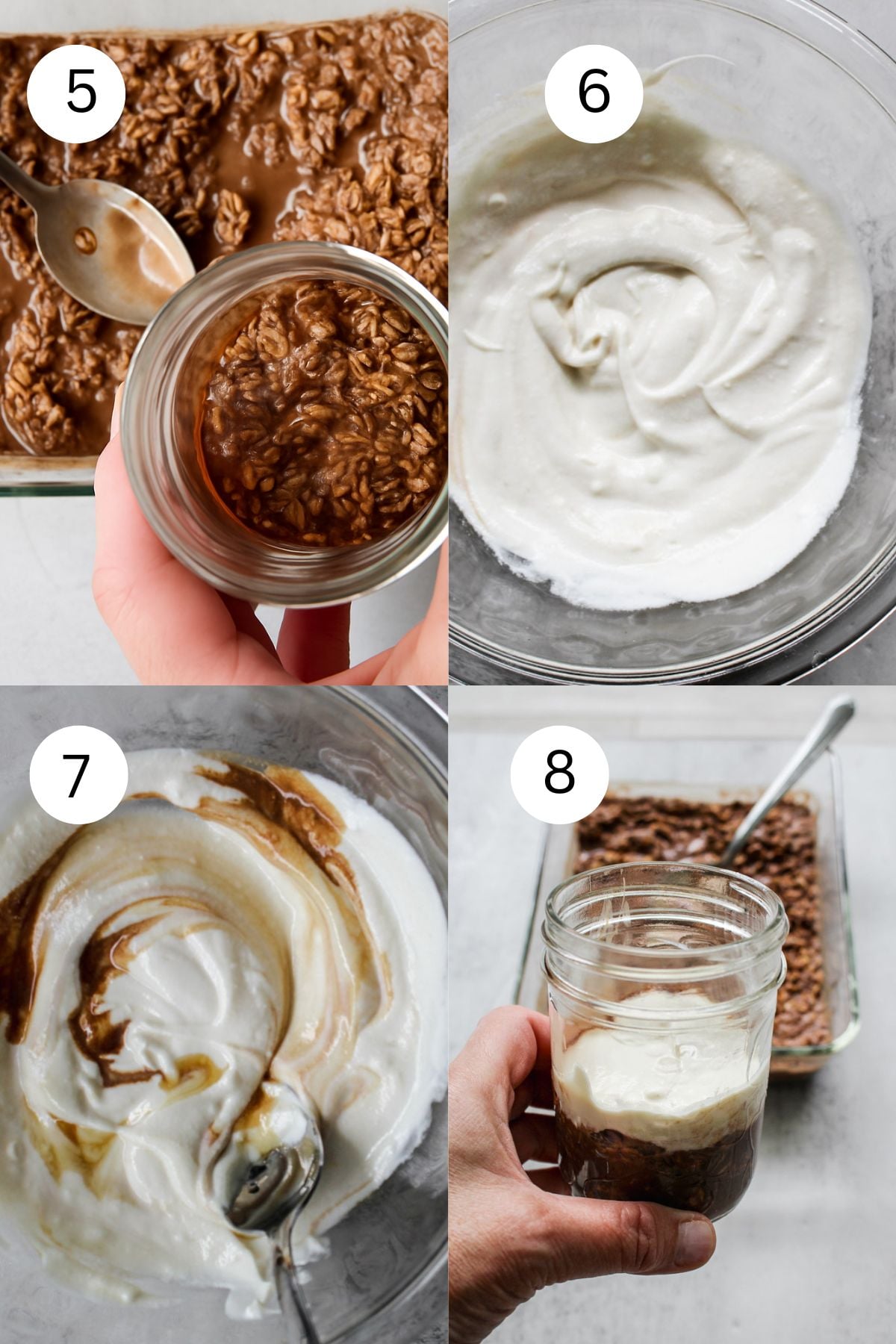 A four-step collage showing: scooping chocolate oat mixture into a jar (5), a bowl of whipped cream or yogurt (6), swirling syrup into the cream/yogurt (7), and the oat mixture topped with cream/yogurt in a jar (8).