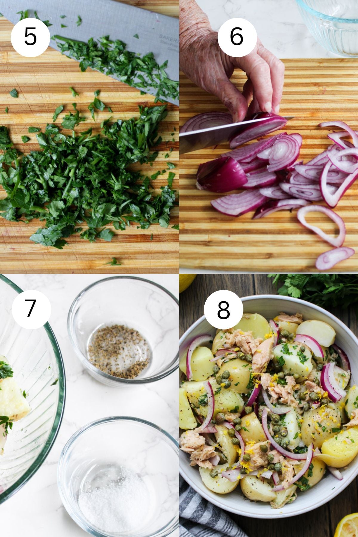 step by step photos of chopping parsley and a red onion on a wooden cutting board.