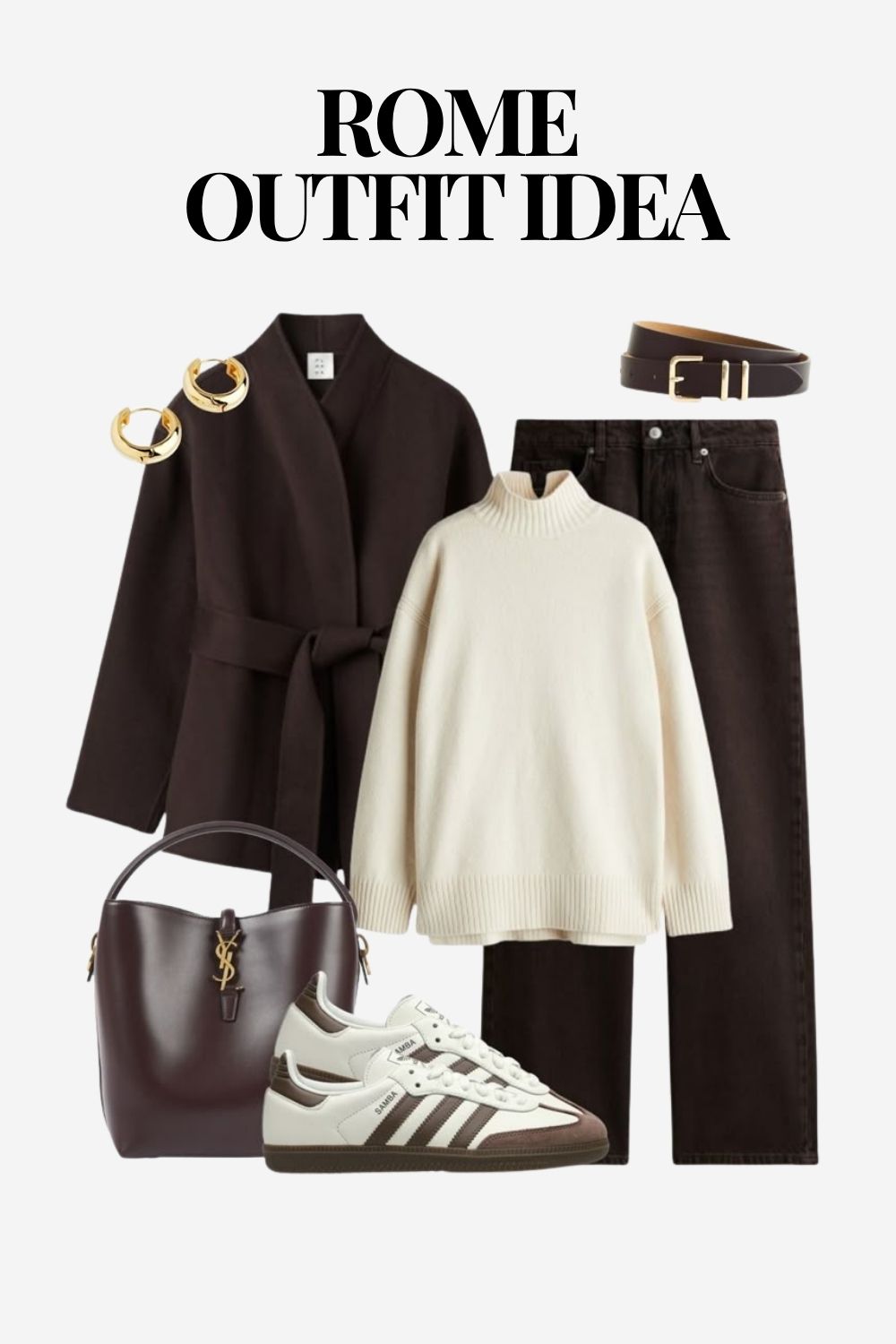 Flat lay of a stylish Rome outfit for Italy in November, featuring a black wrap coat, cream knit sweater, black wide-leg jeans, white and brown Adidas sneakers, a dark brown YSL handbag, gold earrings, and a black belt.