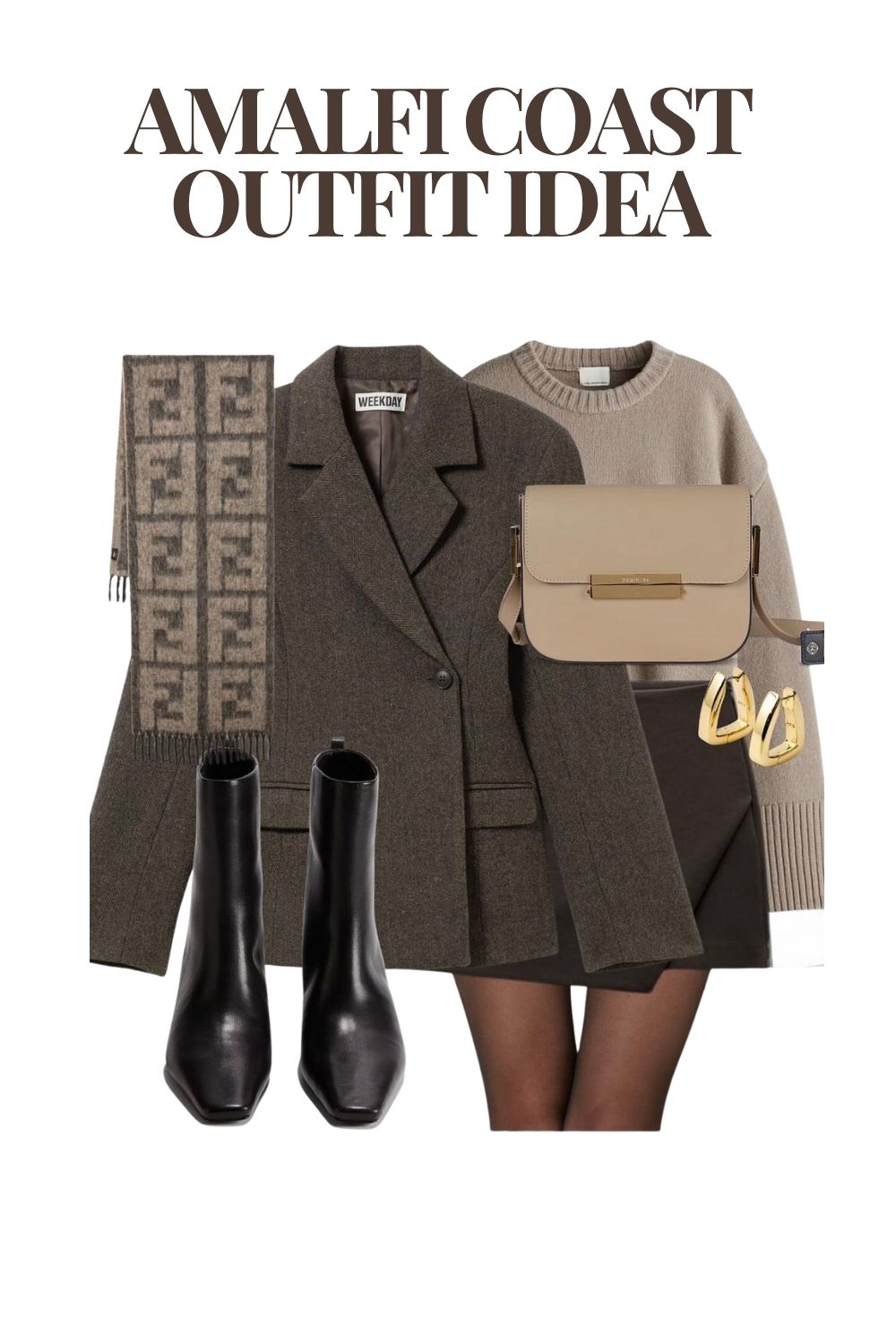 Flat lay of a chic outfit idea for Italy in November on the Amalfi Coast, featuring a brown blazer, taupe sweater, short dark skirt, black ankle boots, beige scarf, beige crossbody bag, and gold hoop earrings. Text above reads AMALFI COAST OUTFIT IDEA.