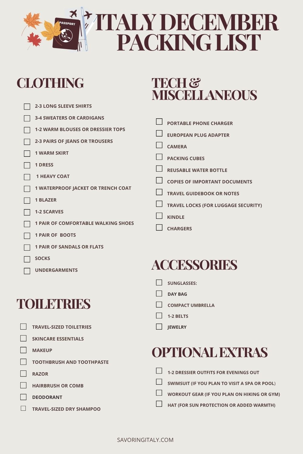 A checklist titled Italy December Packing List organizes clothing, tech/miscellaneous, toiletries, accessories, and optional extras to bring for Italy in November, with autumn-themed graphics in the top left corner.