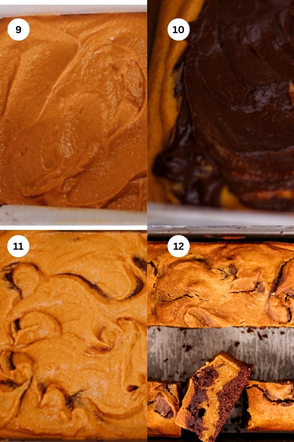 Four-step collage showing the process of making Pumpkin Brownies: plain batter in a pan (9), dark batter added and swirled (10), swirled batter before baking (11), and baked bars with pumpkin swirls, some cut (12).